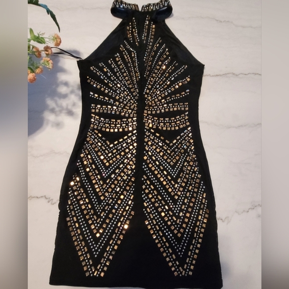 Paradiso Black and Gold Rhinestone Gem Embellished Mini Halter Dress Size Large - Picture 2 of 15
